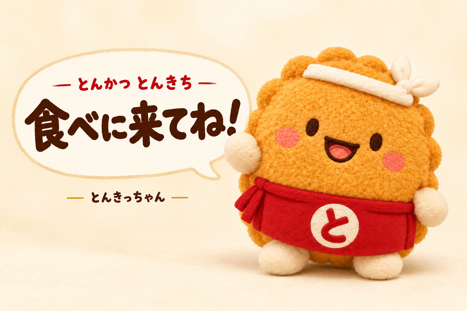 とんかつ とんきちのとんきっちゃんが、にっこり手を振って「食べに来てね！」